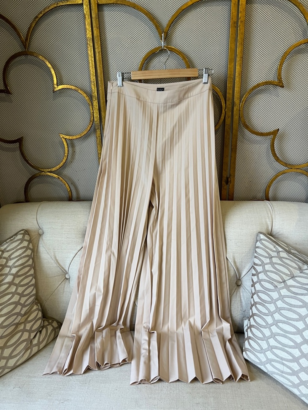 Pleated Wide-Leg Jumpsuit Pants in Beige